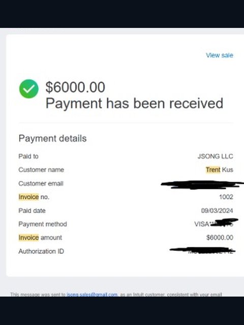 QuickBooks receipt showing a $6,000 payment received