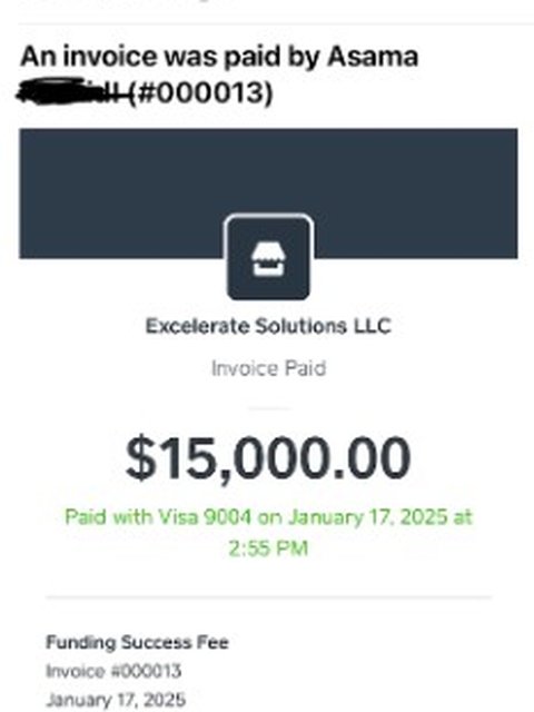 Square receipt showing a $15,000 invoice paid — Funding Success Fee