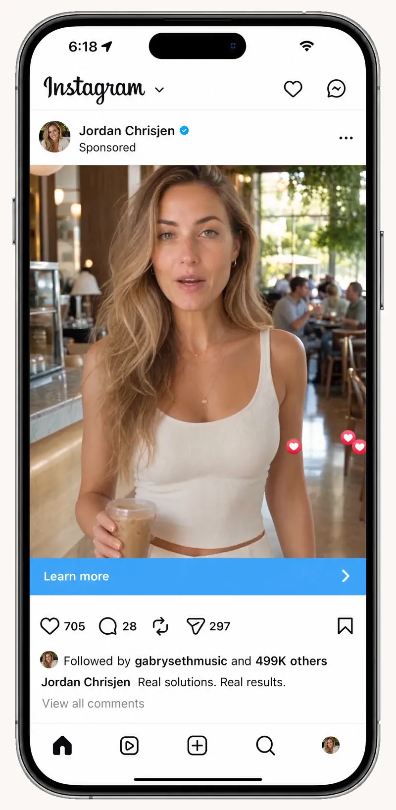 Jordan's rendered ad playing in an Instagram feed on a phone