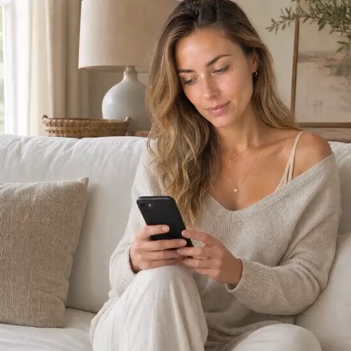Jordan sitting at home scrolling her phone, rendered
