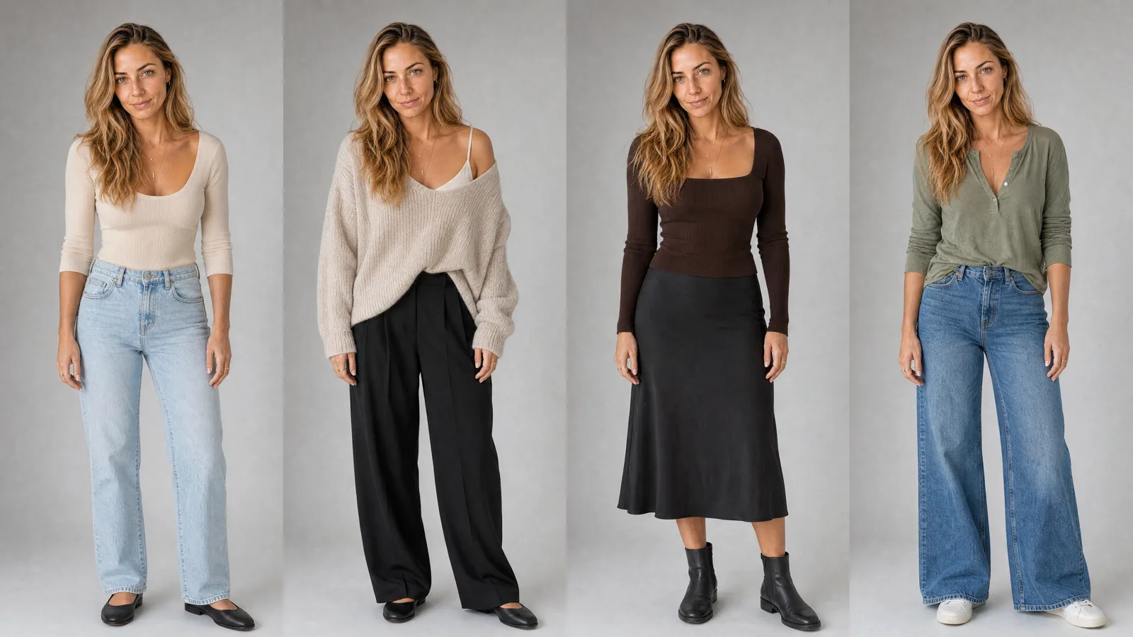 Wardrobe sheet: four full-body outfits on one identity
