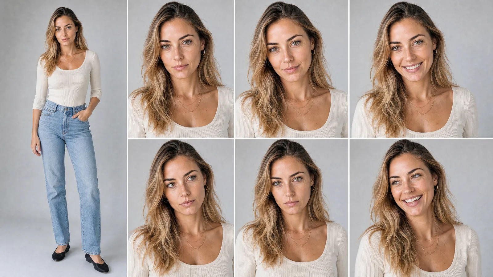 Jordan's expression sheet: six expressions on one locked face