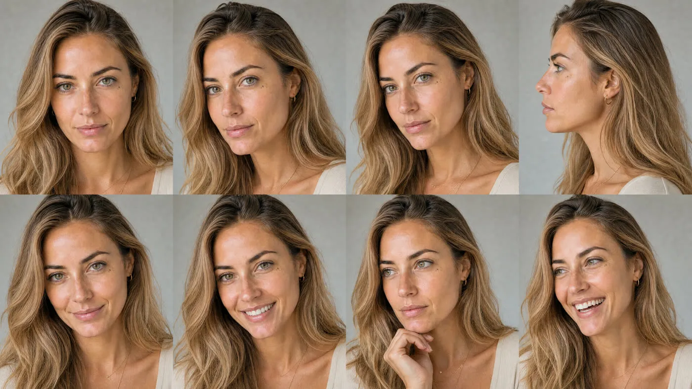 Jordan's face sheet: eight controlled angles of the same identity
