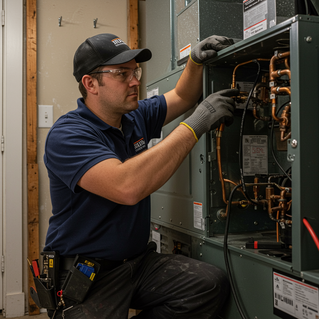 Technician performing residential heating system maintenance.