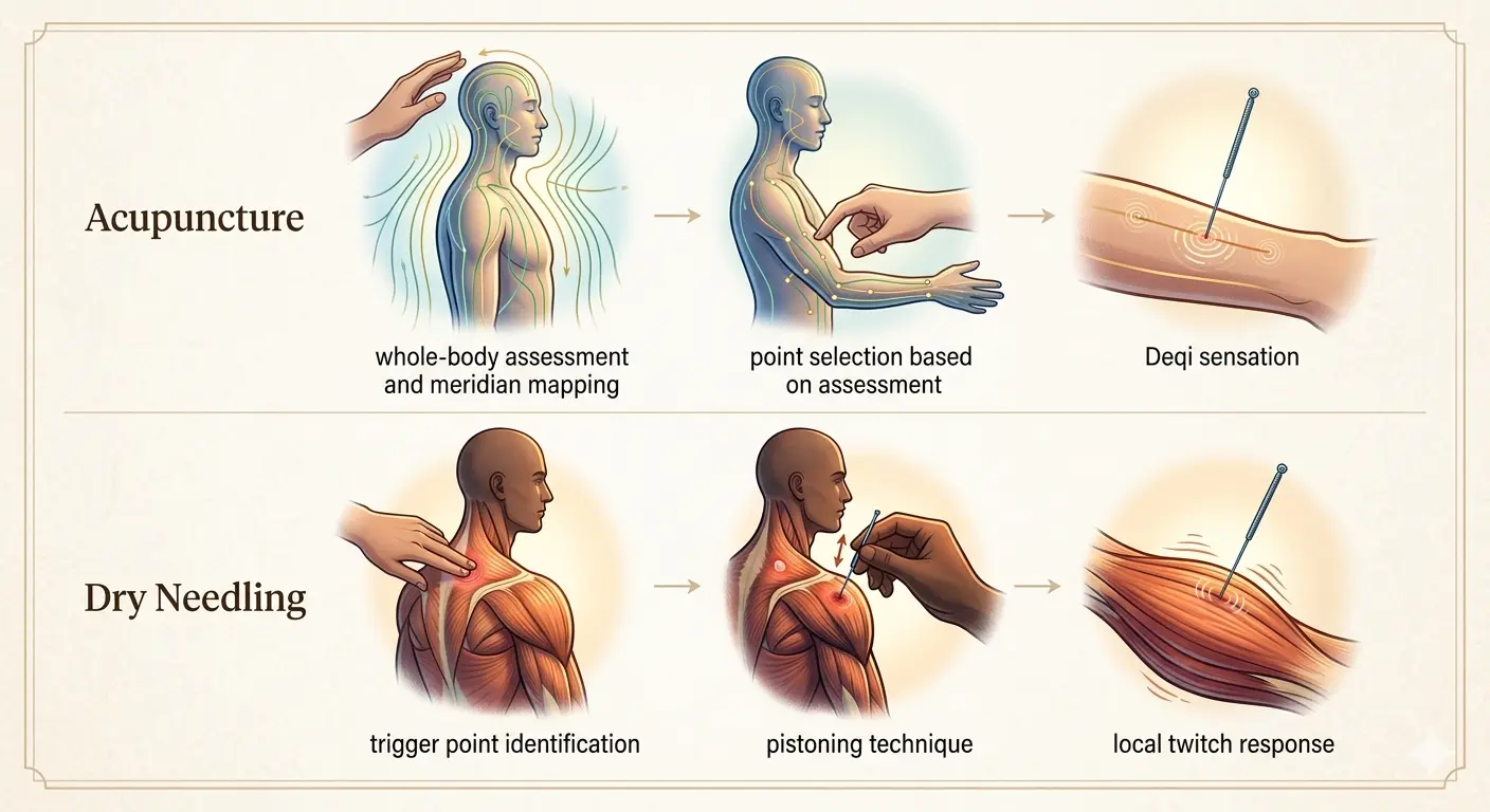 Infographic comparing acupuncture whole body meridian approach with deqi sensation versus dry needling trigger point pistoning and local twitch response