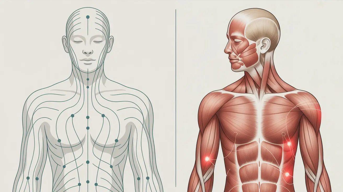 Side by side anatomical illustration showing acupuncture meridians on the left and muscular trigger points on the right