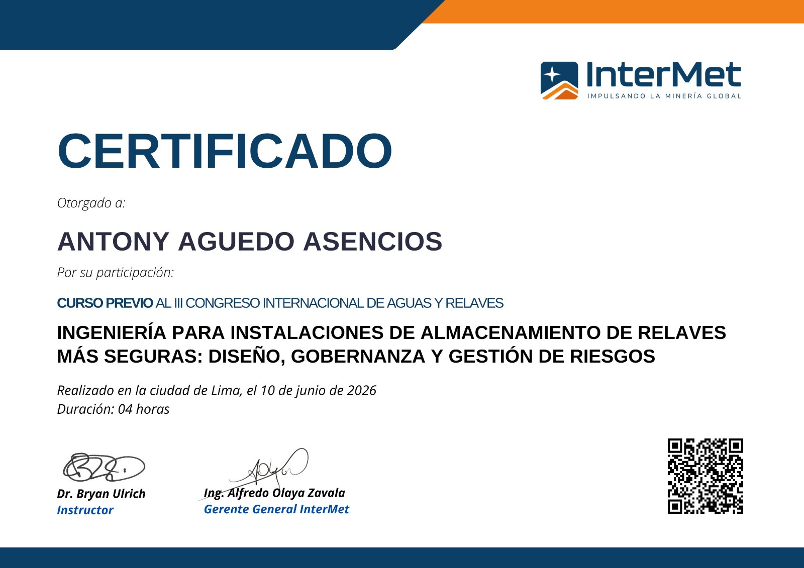 Modelo de certificado de participación emitido por InterMet