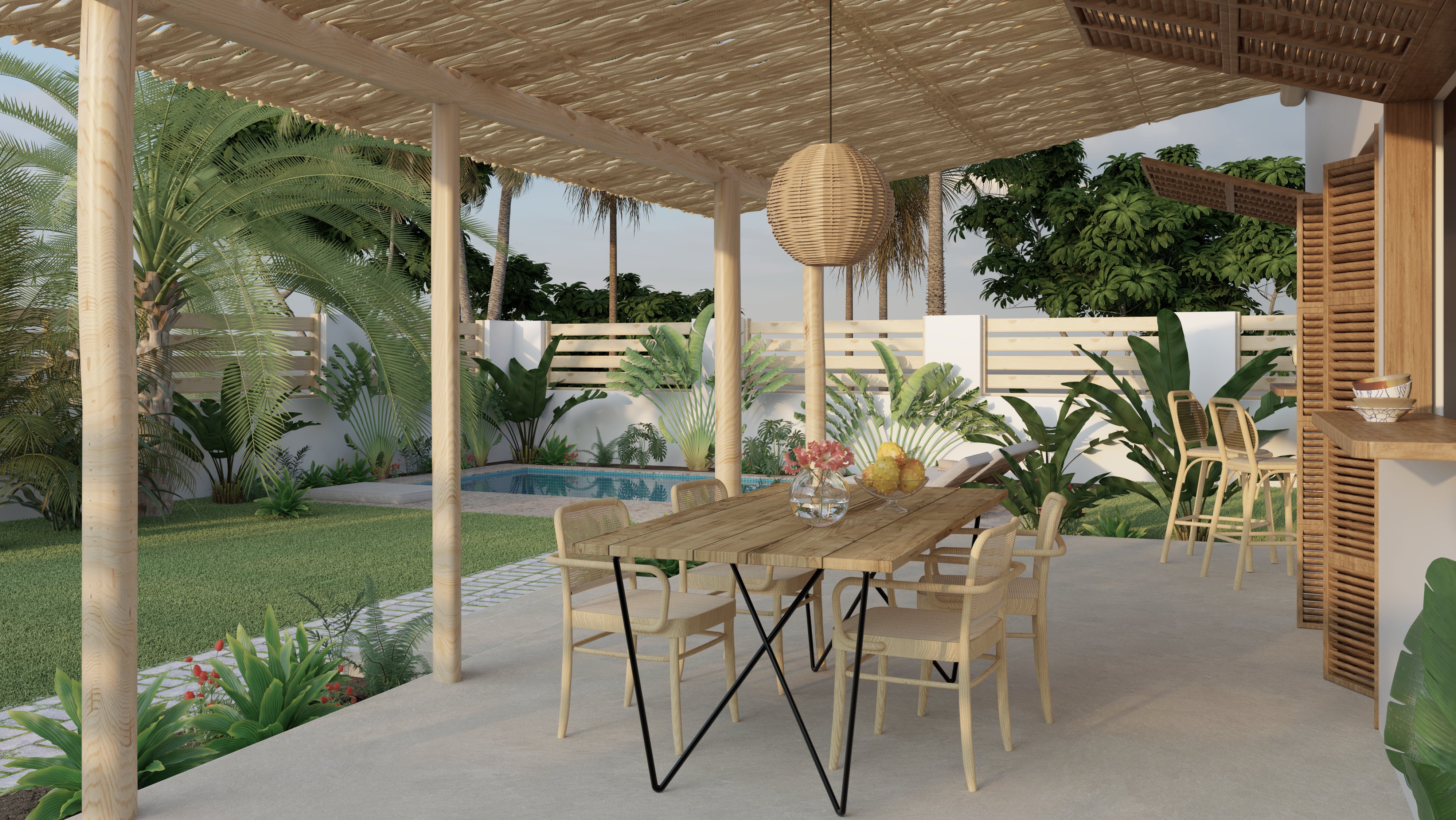 Porche con pérgola y piscina