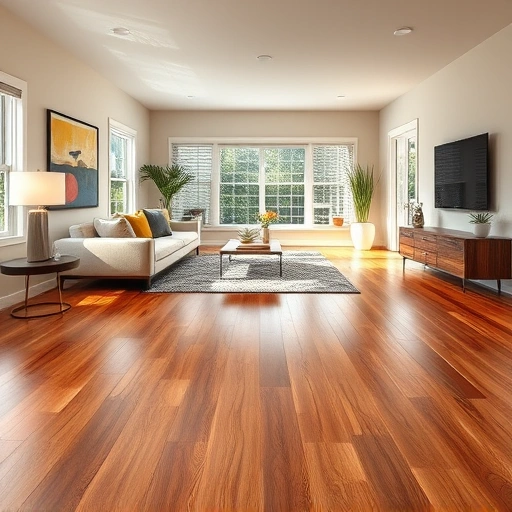 Spacious living room in Roseville CA with glossy hardwood flooring, stylish furniture, and warm decor.