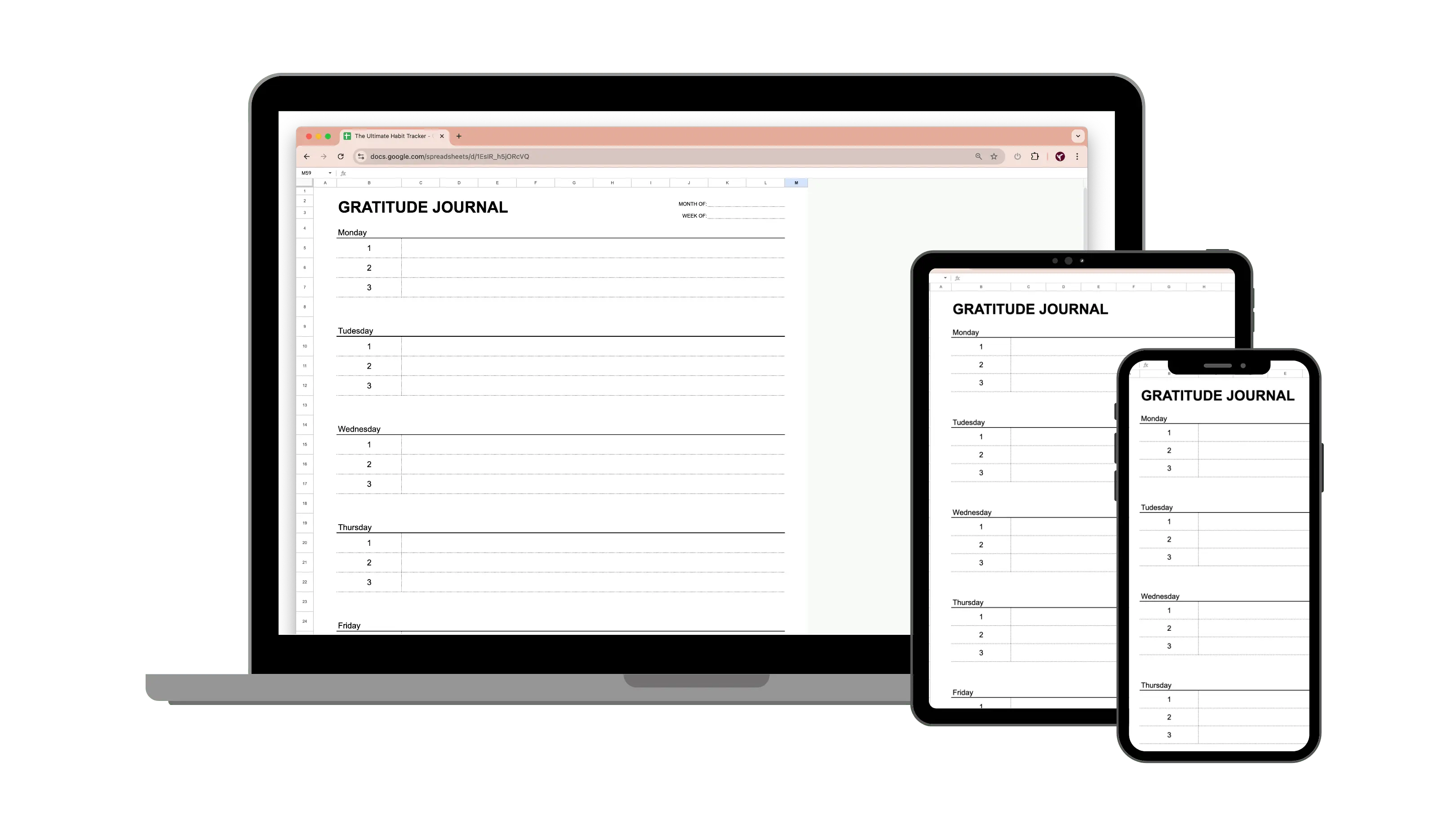 Gratitude journal Google Sheets template