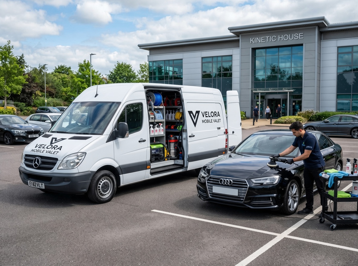 Velora mobile valeting van at a workplace