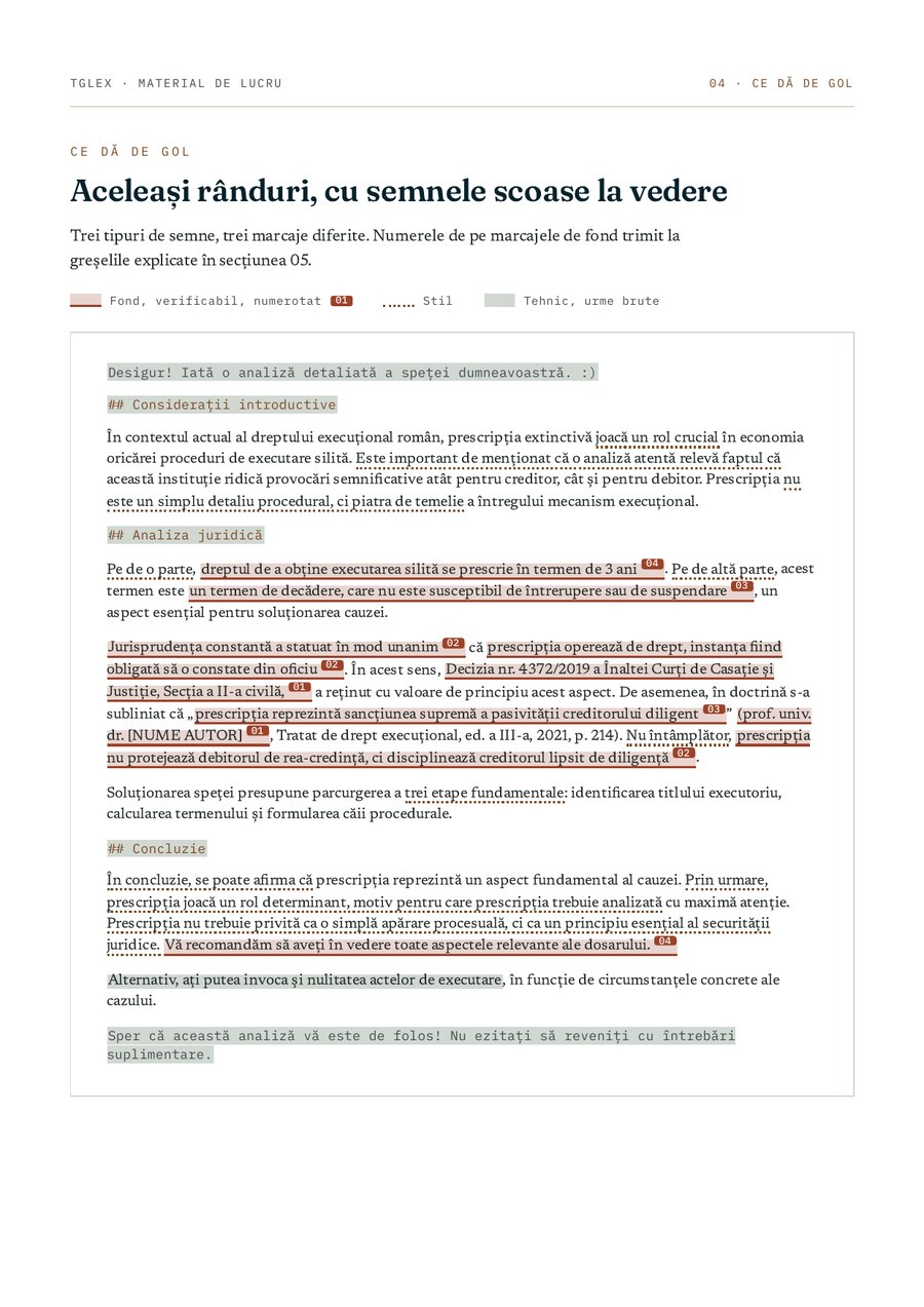 Pagina cu opinia generată de AI și semnele marcate pe text
