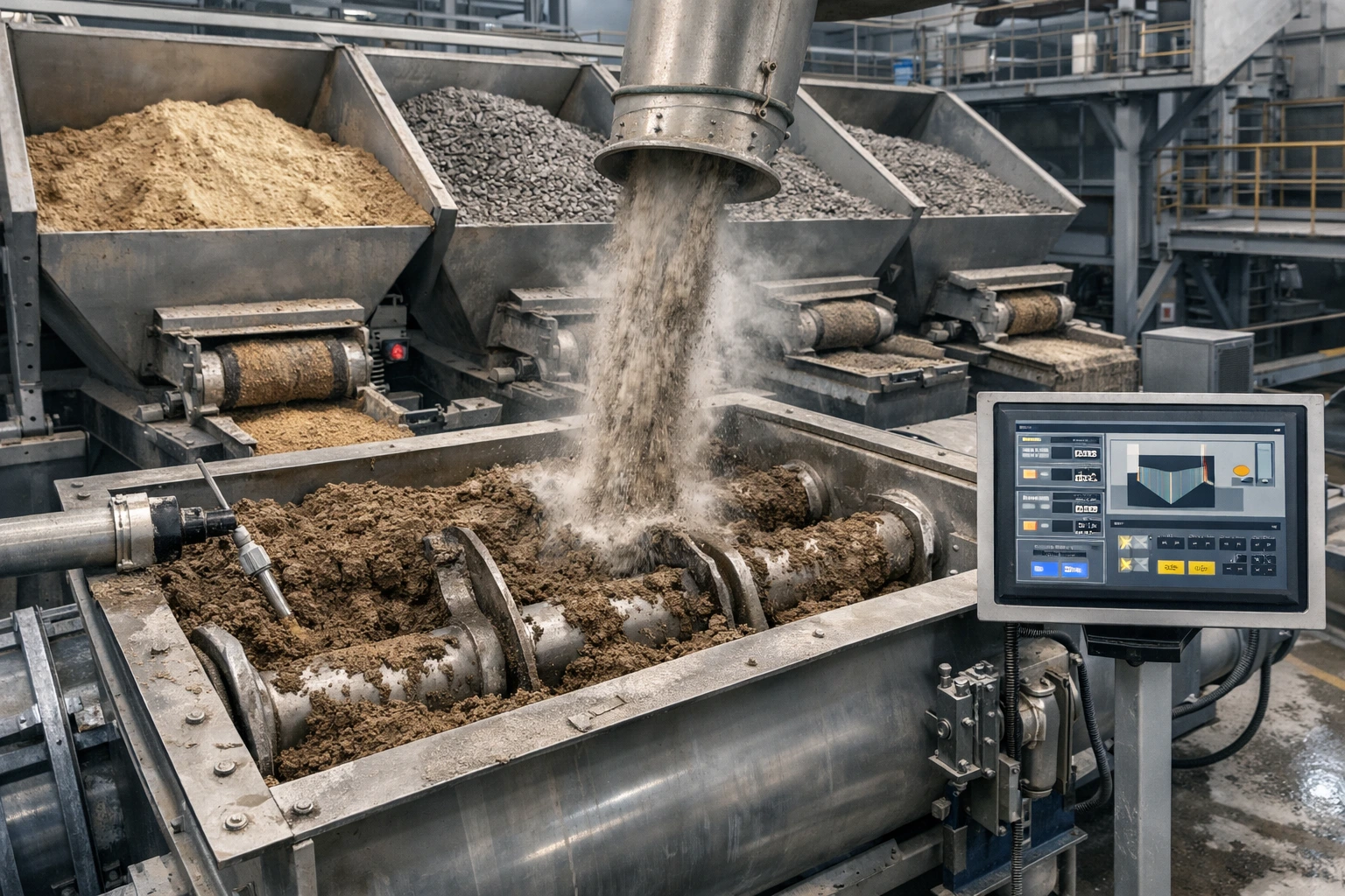 Área industrial de dosificación y amasado en una planta de bloques de hormigón, con tolvas de arena y gravilla, cemento entrando en una amasadora de doble eje, sensor de humedad y pantalla HMI de control; la mezcla se ve semiseca, con aspecto de tierra húmeda. Área industrial de dosificación y amasado en una planta de bloques de hormigón, con tolvas de arena y gravilla, cemento entrando en una amasadora de doble eje, sensor de humedad y pantalla HMI de control; la mezcla se ve semiseca, con aspecto de tierra húmeda.