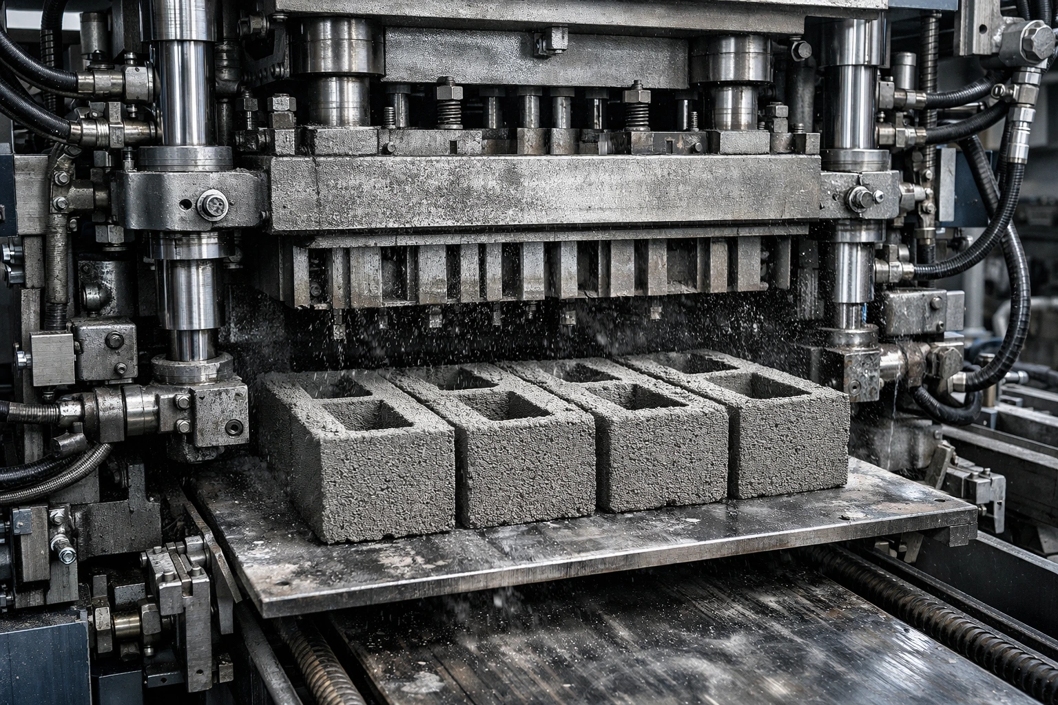 Vibroprensa industrial para bloques de hormigón en pleno ciclo de compactación y desmoldeo, con el tampón descendiendo sobre el molde y varios bloques huecos recién formados saliendo sobre la plancha de producción; se aprecian estructuras de acero, columnas guiadas y sistemas hidráulicos en un entorno de fábrica limpio y bien iluminado. Vibroprensa industrial para bloques de hormigón en pleno ciclo de compactación y desmoldeo, con el tampón descendiendo sobre el molde y varios bloques huecos recién formados saliendo sobre la plancha de producción; se aprecian estructuras de acero, columnas guiadas y sistemas hidráulicos en un entorno de fábrica limpio y bien iluminado.