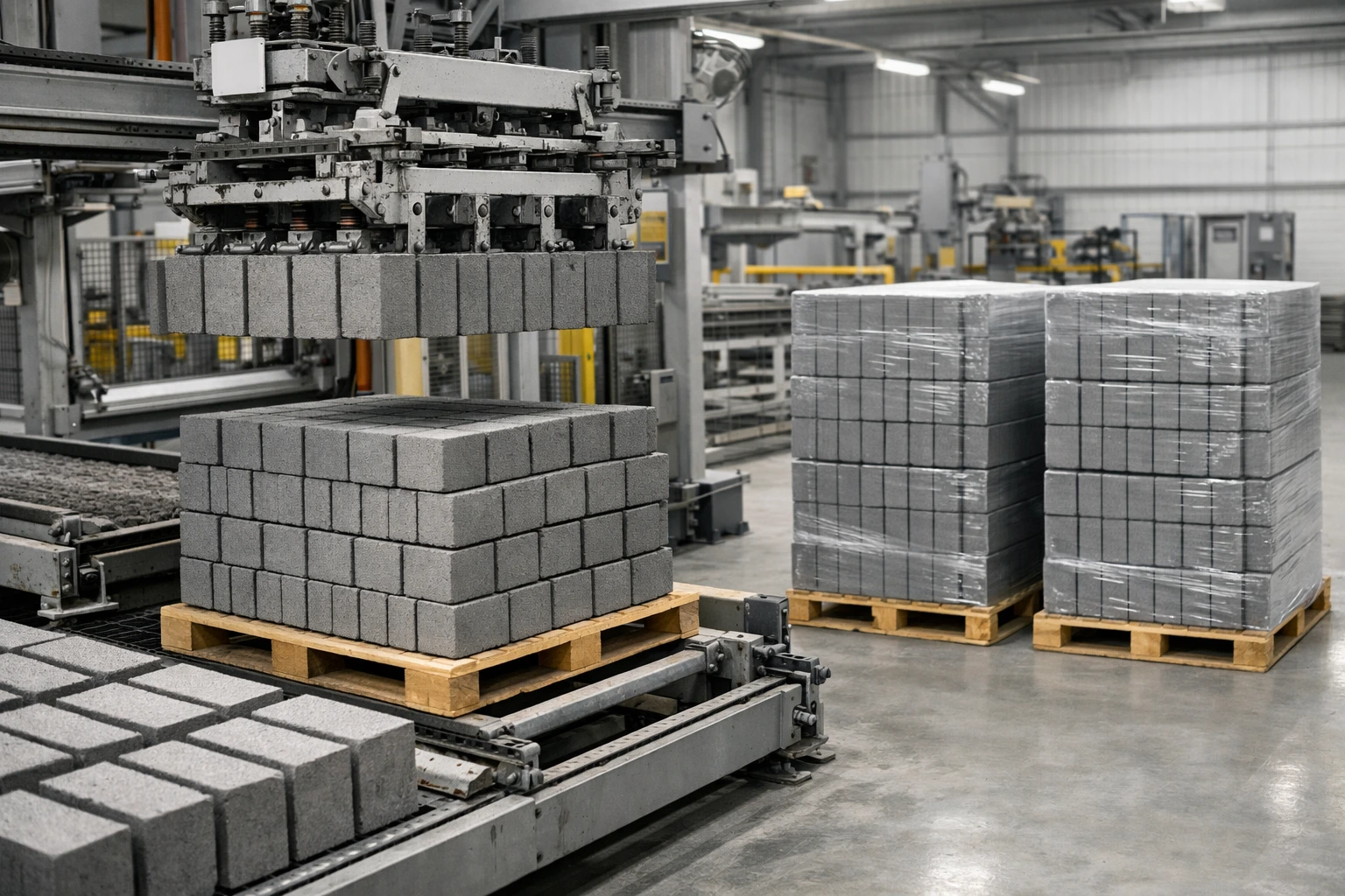 Etapa final automatizada de producción de bloques de hormigón en una planta industrial: una pinza mecánica coloca capas ordenadas de bloques grises sobre un palet mientras otros paquetes terminados, enfardados y listos para expedición o almacenamiento, esperan al fondo en un entorno limpio y bien iluminado. Etapa final automatizada de producción de bloques de hormigón en una planta industrial: una pinza mecánica coloca capas ordenadas de bloques grises sobre un palet mientras otros paquetes terminados, enfardados y listos para expedición o almacenamiento, esperan al fondo en un entorno limpio y bien iluminado.