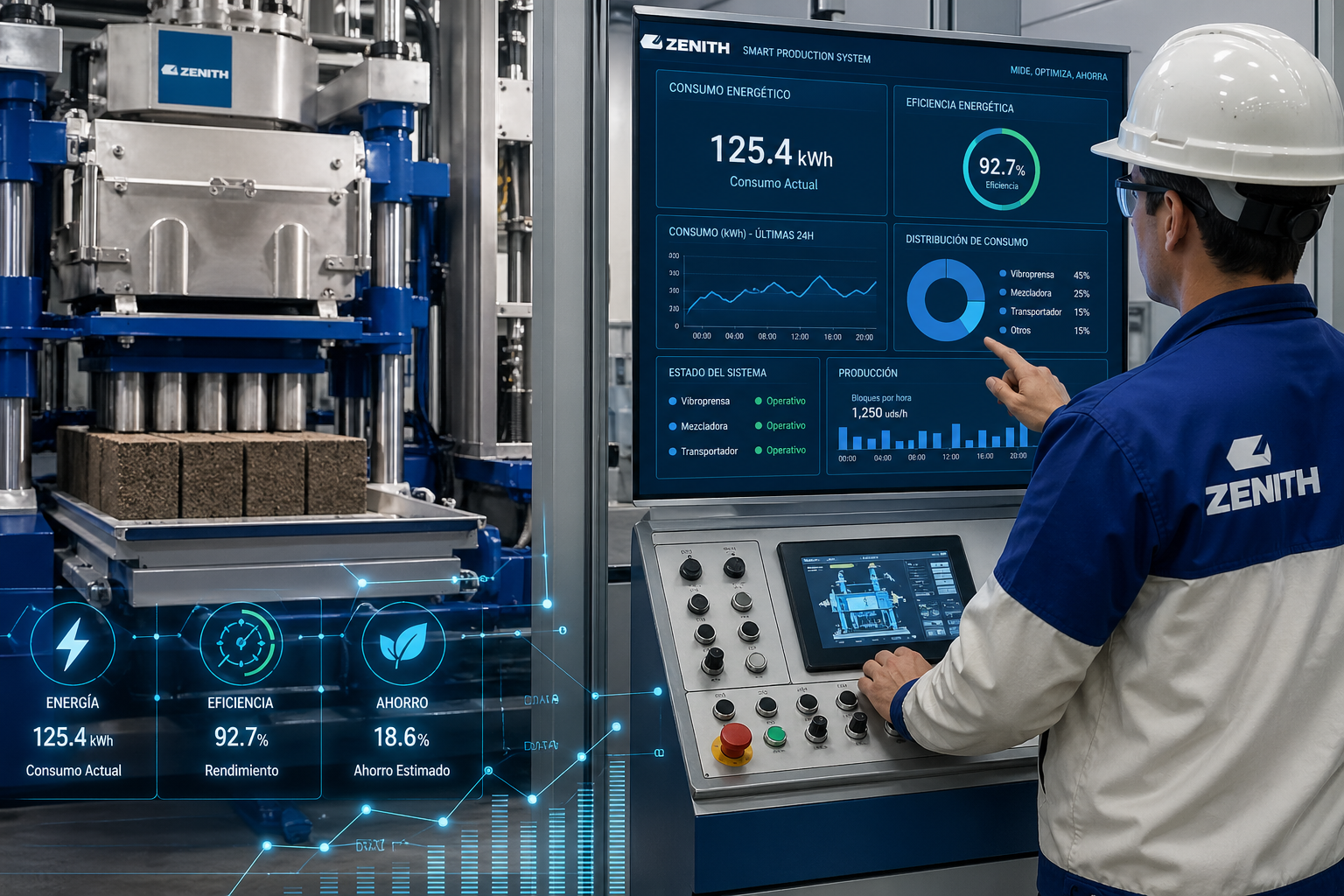 Primer plano de una vibroprensa industrial en funcionamiento en una planta de bloques de hormigón, con un operario técnico supervisando un panel de control digital. La pantalla muestra datos energéticos en tiempo real (kWh, eficiencia y gráficos), mientras se aprecian moldes de bloques, vibración activa y maquinaria de acero inoxidable en un entorno limpio, organizado y tecnológicamente avanzado con iluminación fría y estética industrial.
