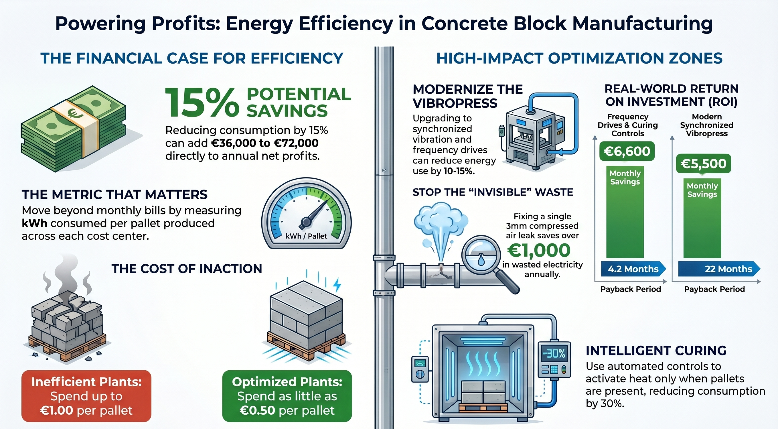 Infographic on energy efficiency in concrete block manufacturing: highlights 15% potential savings (up to €72,000 annually), measuring kWh per pallet, and the cost of inefficiency (up to €1 per pallet vs €0.50 in optimized plants). Shows optimization areas such as upgrading the vibropress, eliminating compressed air leaks, and improving curing, along with real-world ROI, monthly savings, and payback periods.