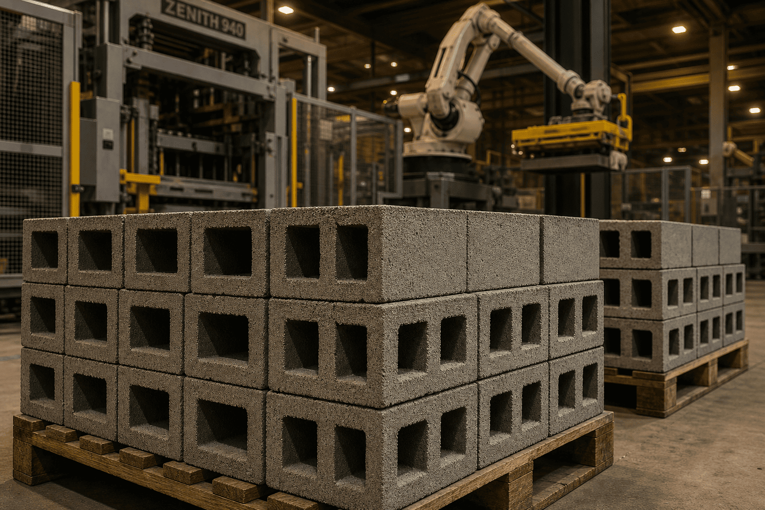 Bloques de hormigón huecos recién producidos apilados en palés con brazo robótico de paletización al fondo