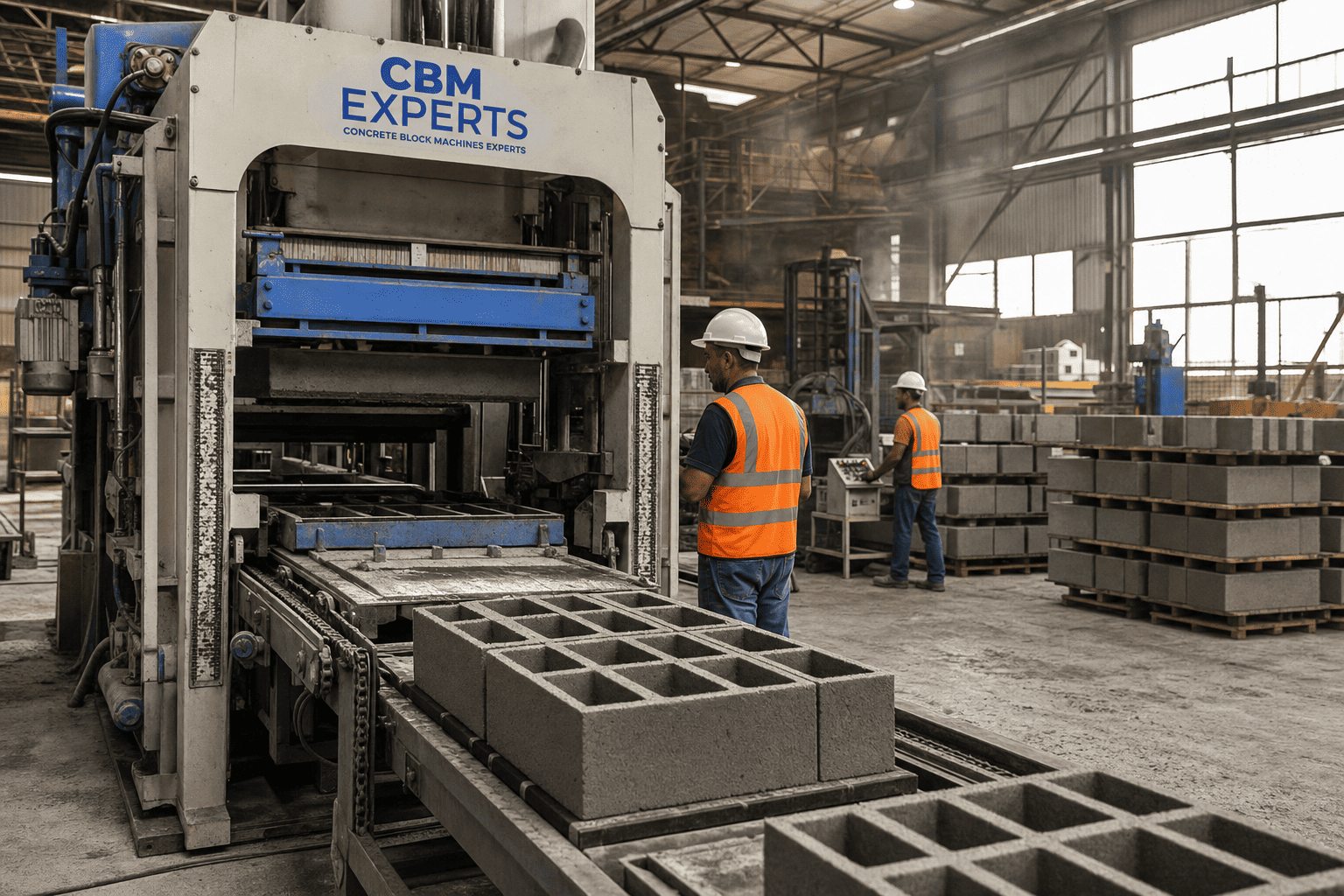 Planta de fabricación de bloques de hormigón en funcionamiento con maquinaria automática y operarios
