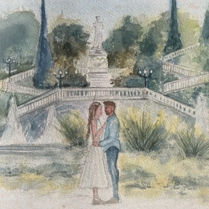 Ilustración en acuarela de Lydia y Juanjo en el Parque Grande de Zaragoza