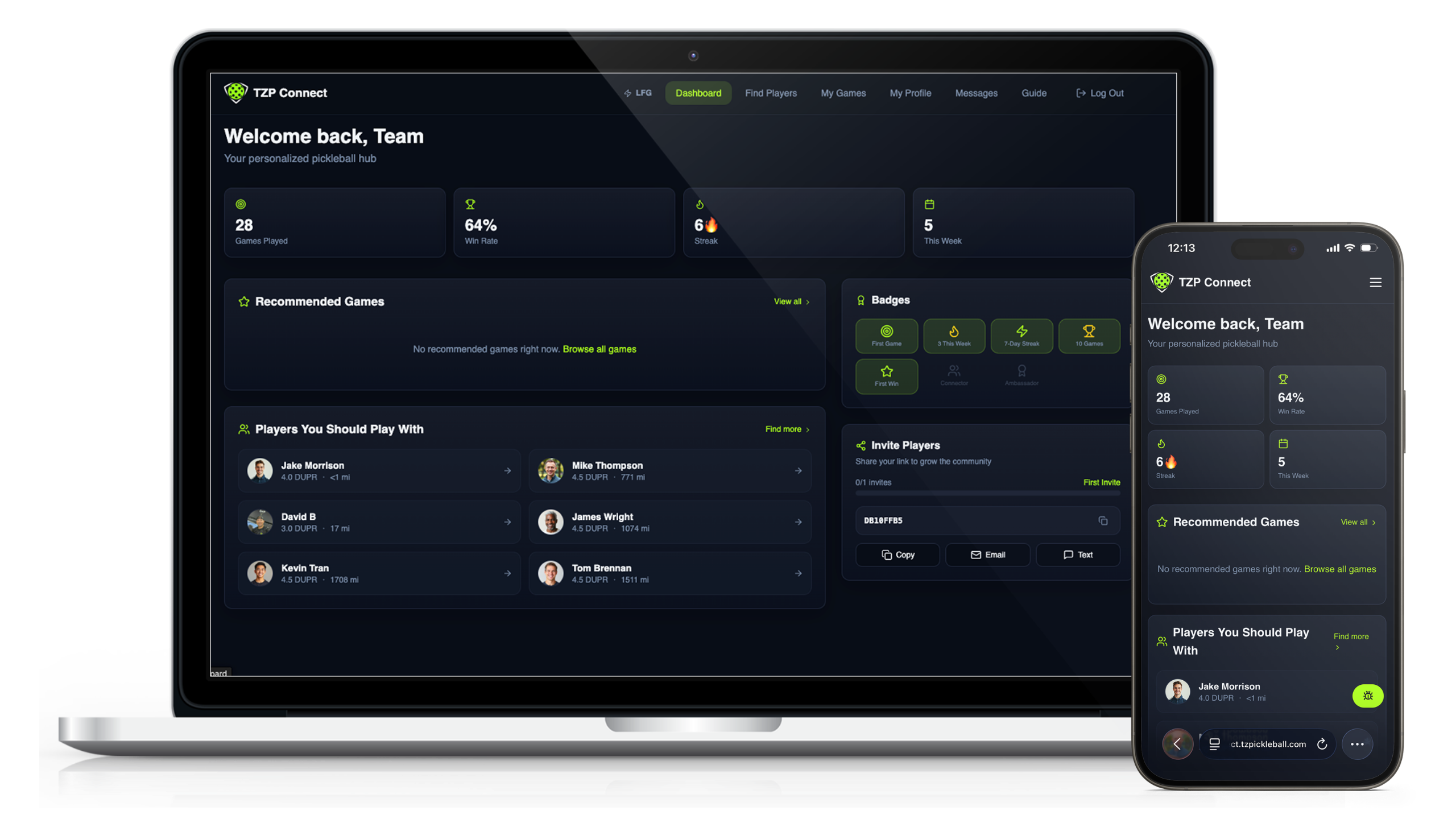 TZP Connect player dashboard