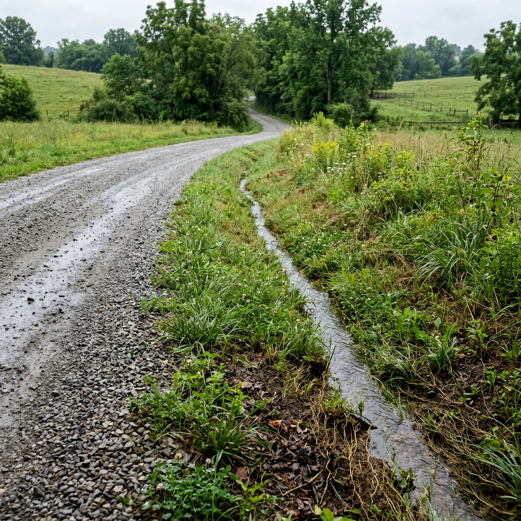 Shallow vegetated drainage swale carrying rainwater beside a gravel driveway.