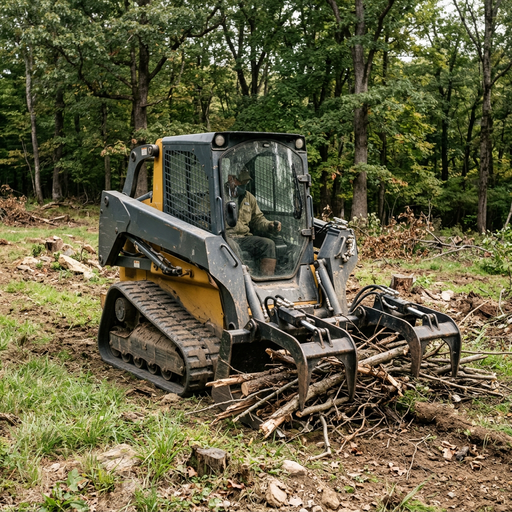 Compact tracked loader gathering cut brush while retaining mature trees.