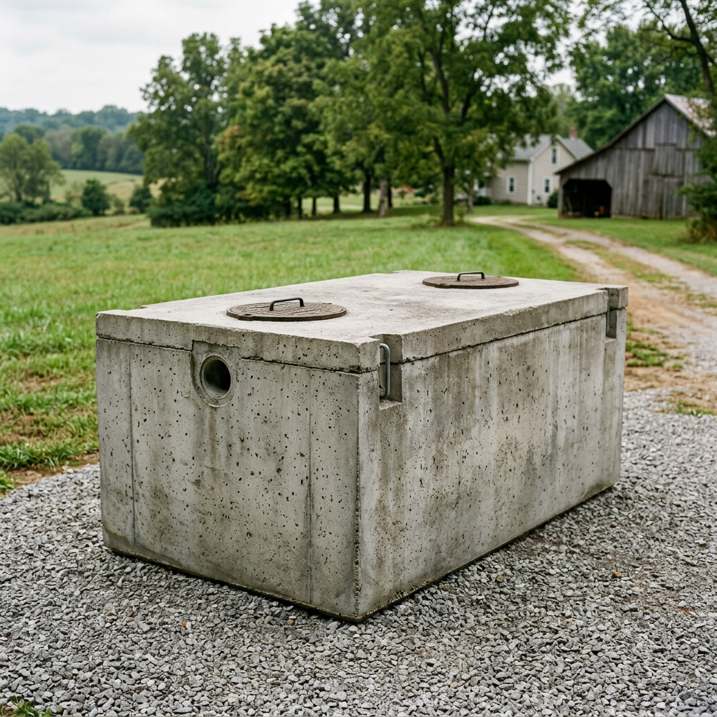 Precast residential septic tank with two access lids staged on level gravel before installation.