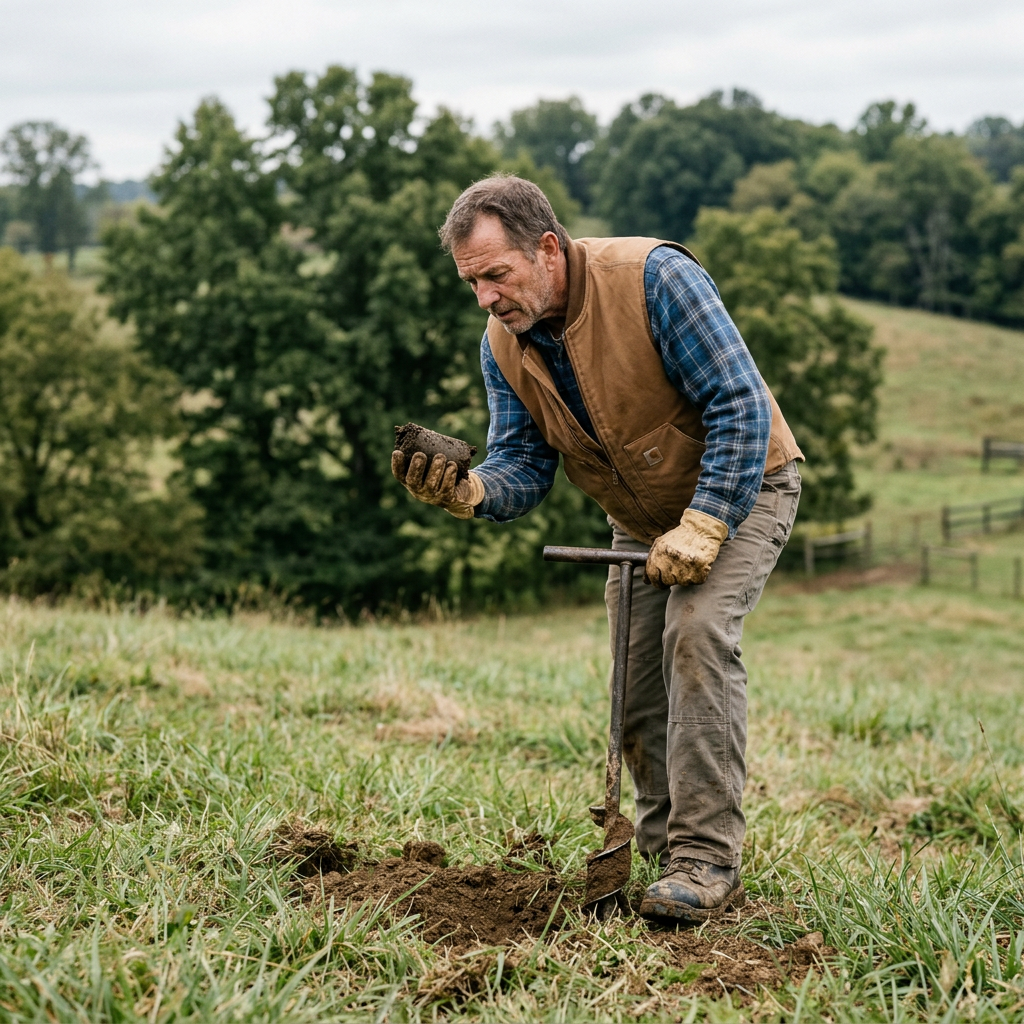 Soil evaluator examining a sample with a hand auger on a grassy homesite.