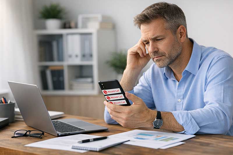 UK business owner reviewing missed calls and missed call text back opportunities