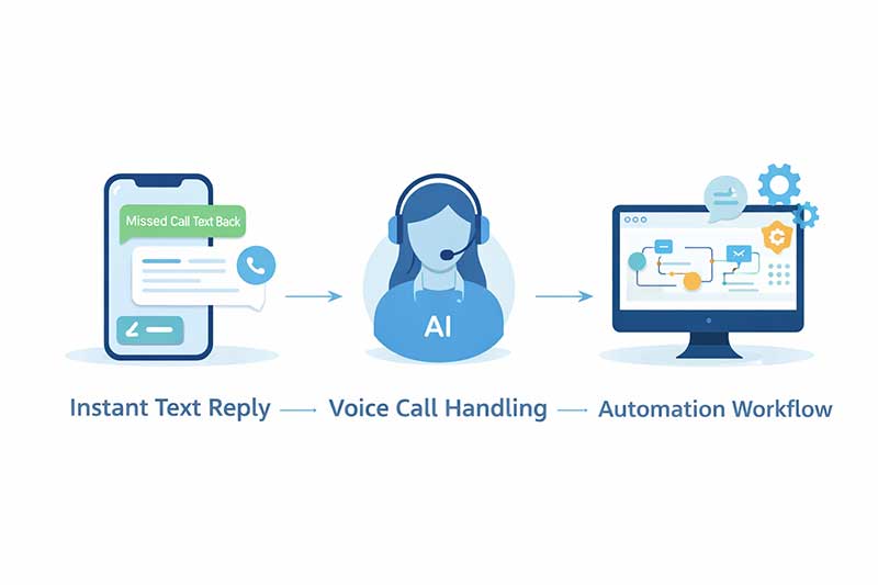 Missed call text back connected with AI voice agents and AI business automation