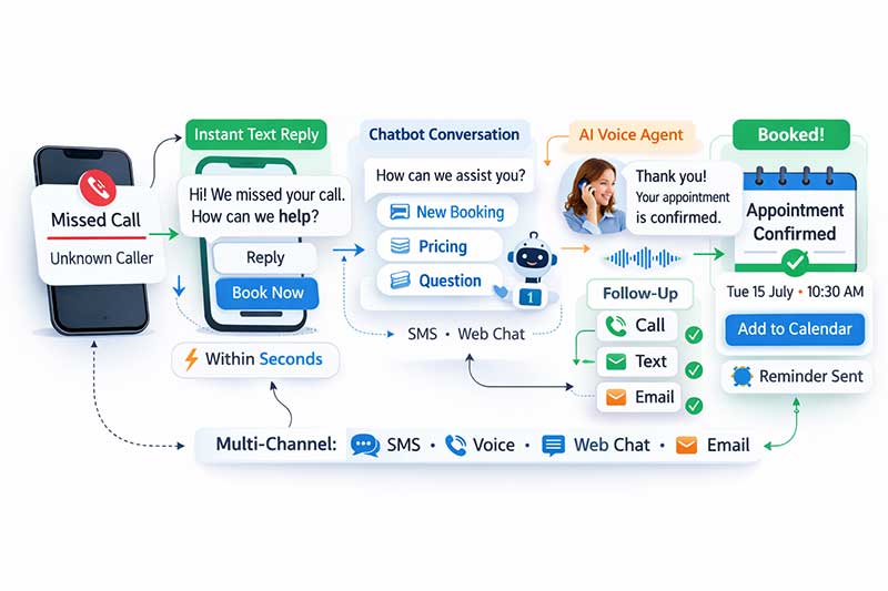 AI business automation workflow for missed call text back and multi-channel follow-up