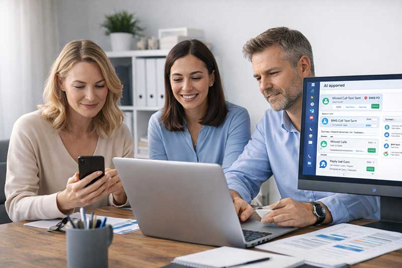 Small UK business team using missed call text back with multi-channel customer follow-up