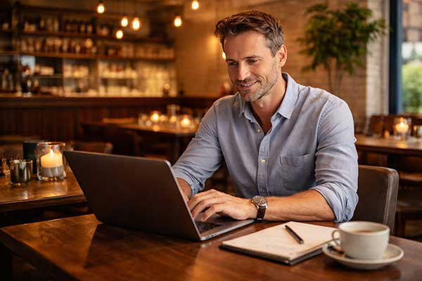 Restaurant owner reviewing AI tools on laptop — AI tools for restaurants and hospitality Restaurant owner reviewing AI tools on laptop — AI tools for restaurants and hospitality