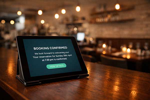 AI booking confirmation on tablet in a modern UK restaurant — AI in restaurants AI booking confirmation on tablet in a modern UK restaurant — AI in restaurants