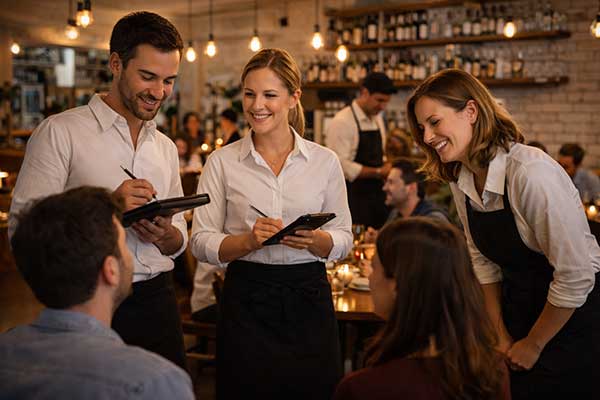 Restaurant team during service — AI for hospitality supports staff not replaces them Restaurant team during service — AI for hospitality supports staff not replaces them