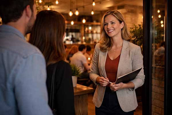 Restaurant host welcoming guests — AI guest experience in hospitality Restaurant host welcoming guests — AI guest experience in hospitality