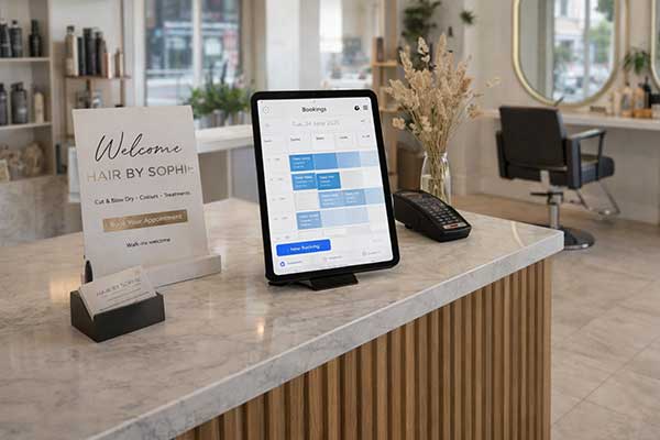Hair salon reception with booking calendar showing the cost of no-shows to UK salons Hair salon reception with booking calendar showing the cost of no-shows to UK salons