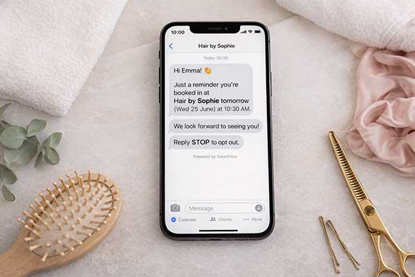 Smartphone showing automated salon appointment reminders reducing no-shows Smartphone showing automated salon appointment reminders reducing no-shows