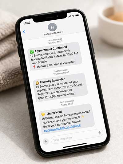 salon booking automation system showing confirmation reminders and rebooking messages