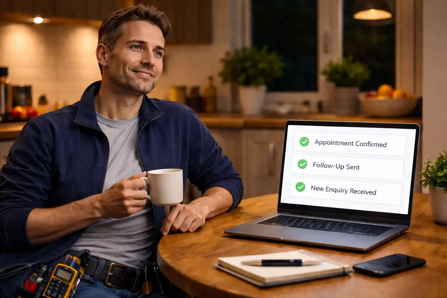 Electrician relaxing in the evening while AI automation handles follow-ups and enquiries automatically Electrician relaxing in the evening while AI automation handles follow-ups and enquiries automatically