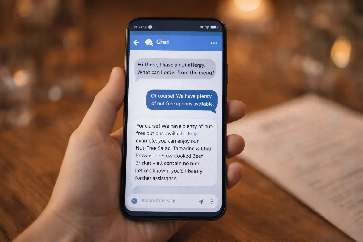 Restaurant AI chatbot conversation on WhatsApp — venue-specific responses to guest booking enquiries