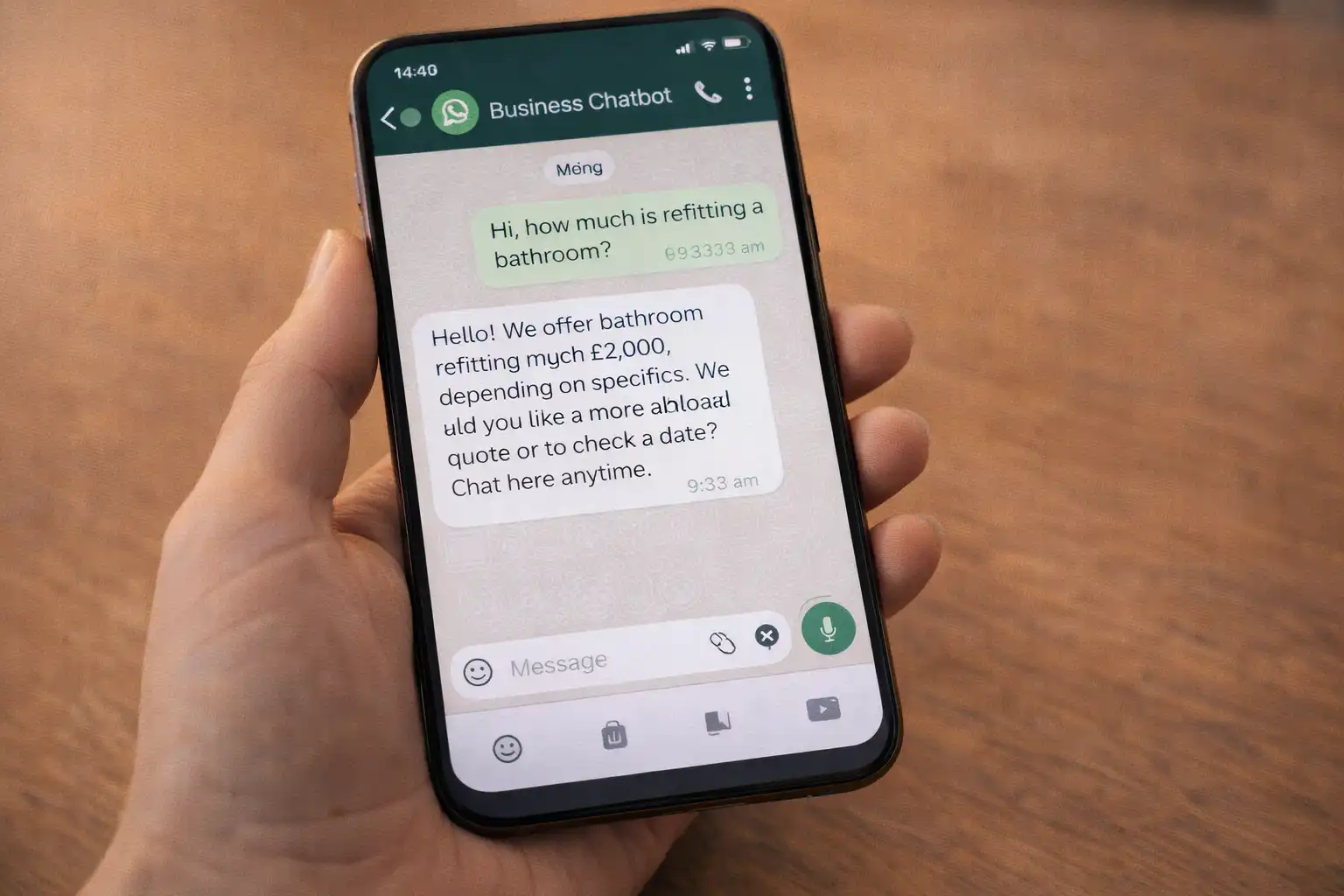 AI chatbot for small business UK — WhatsApp conversation with automated responses