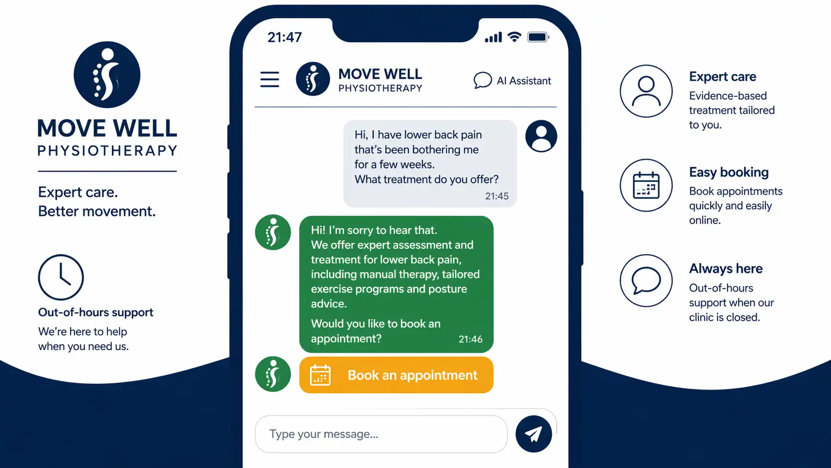 AI chatbot handling out-of-hours enquiry on physiotherapy clinic website on mobile device