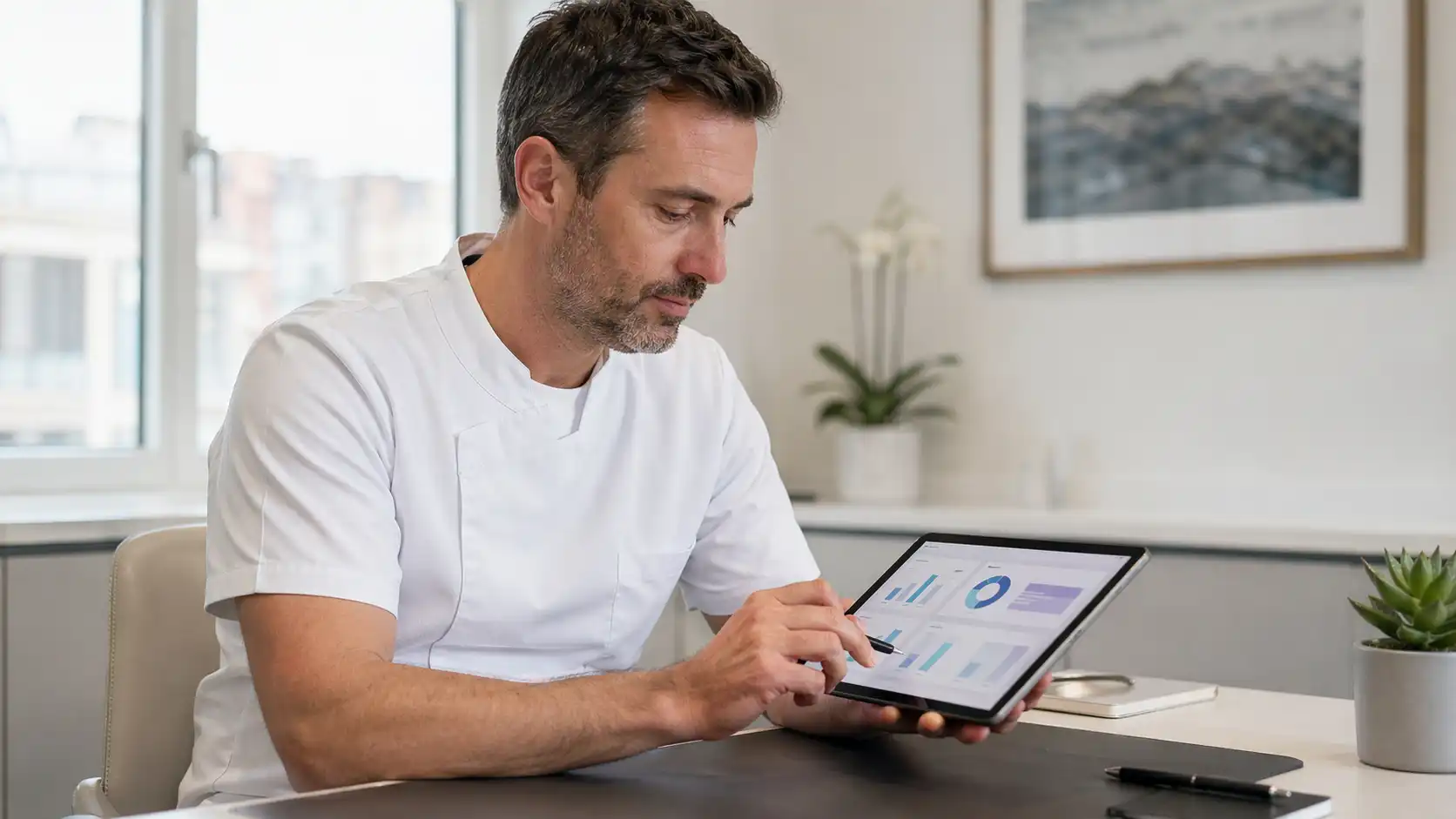 UK dentist reviewing AI receptionist CRM dashboard on tablet between patient appointments