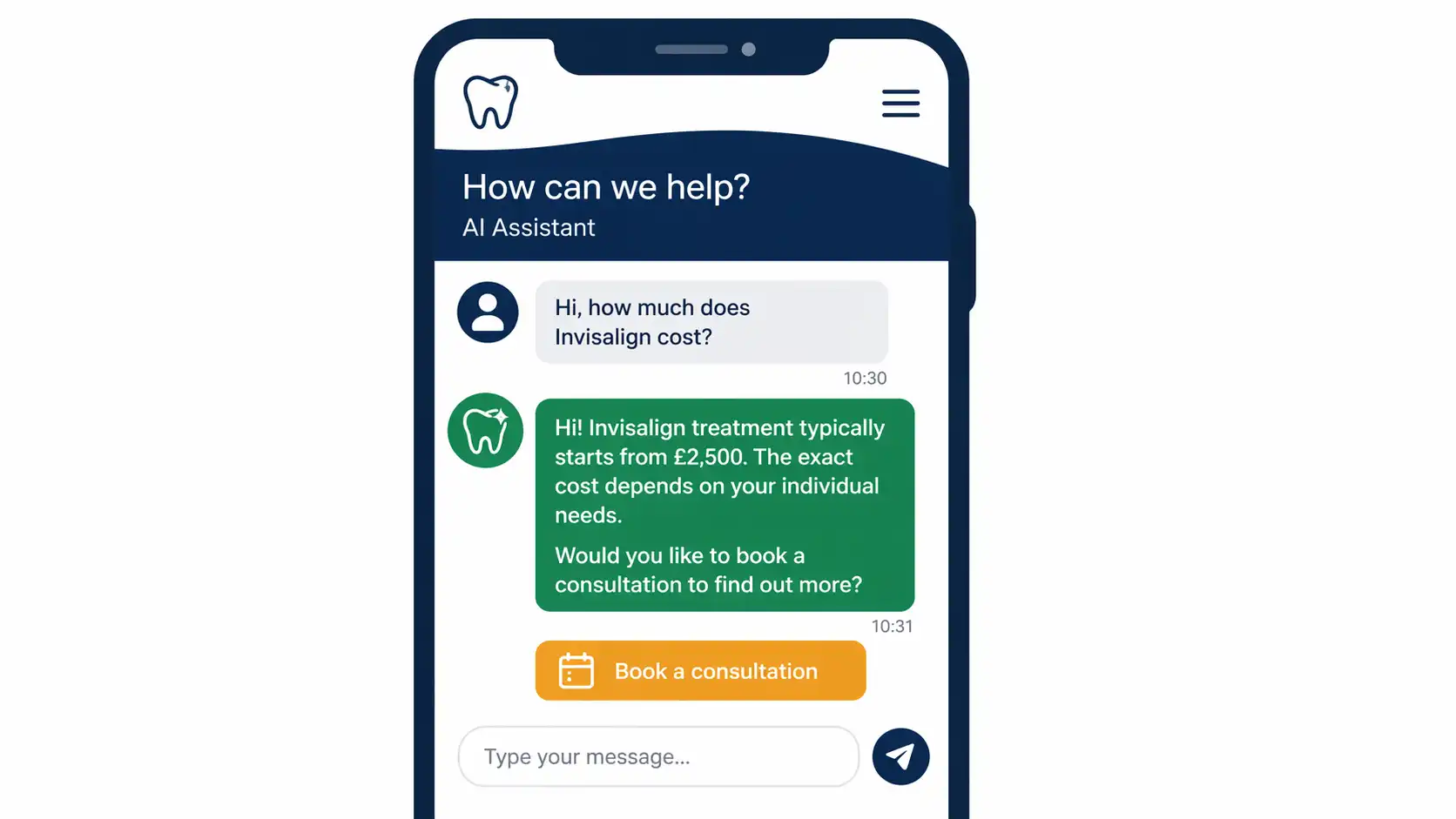 AI chatbot answering patient enquiry about Invisalign on dental practice website on mobile device