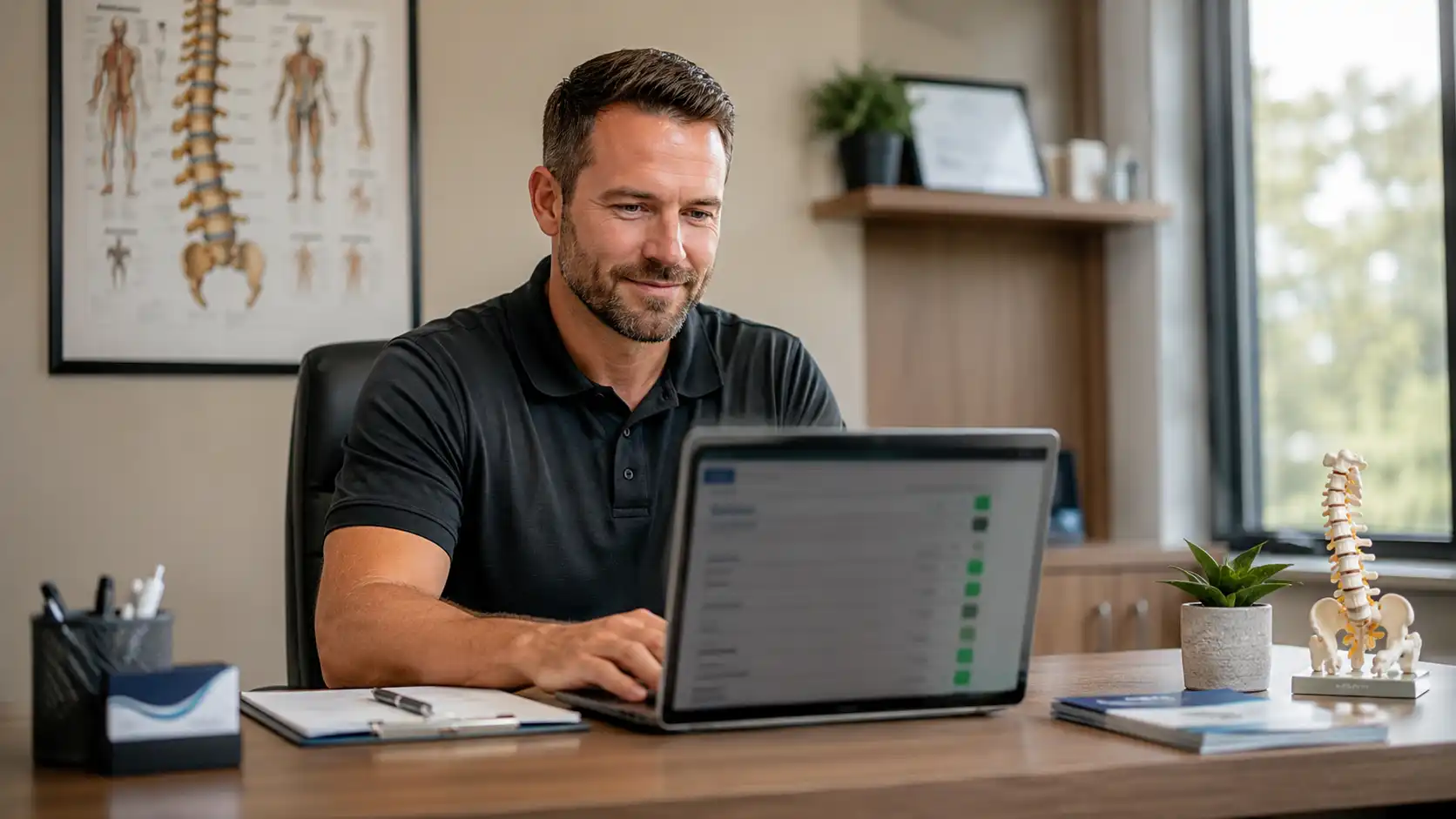 Chiropractic practice owner viewing slot-fill automation dashboard — cancelled appointment recovered automatically