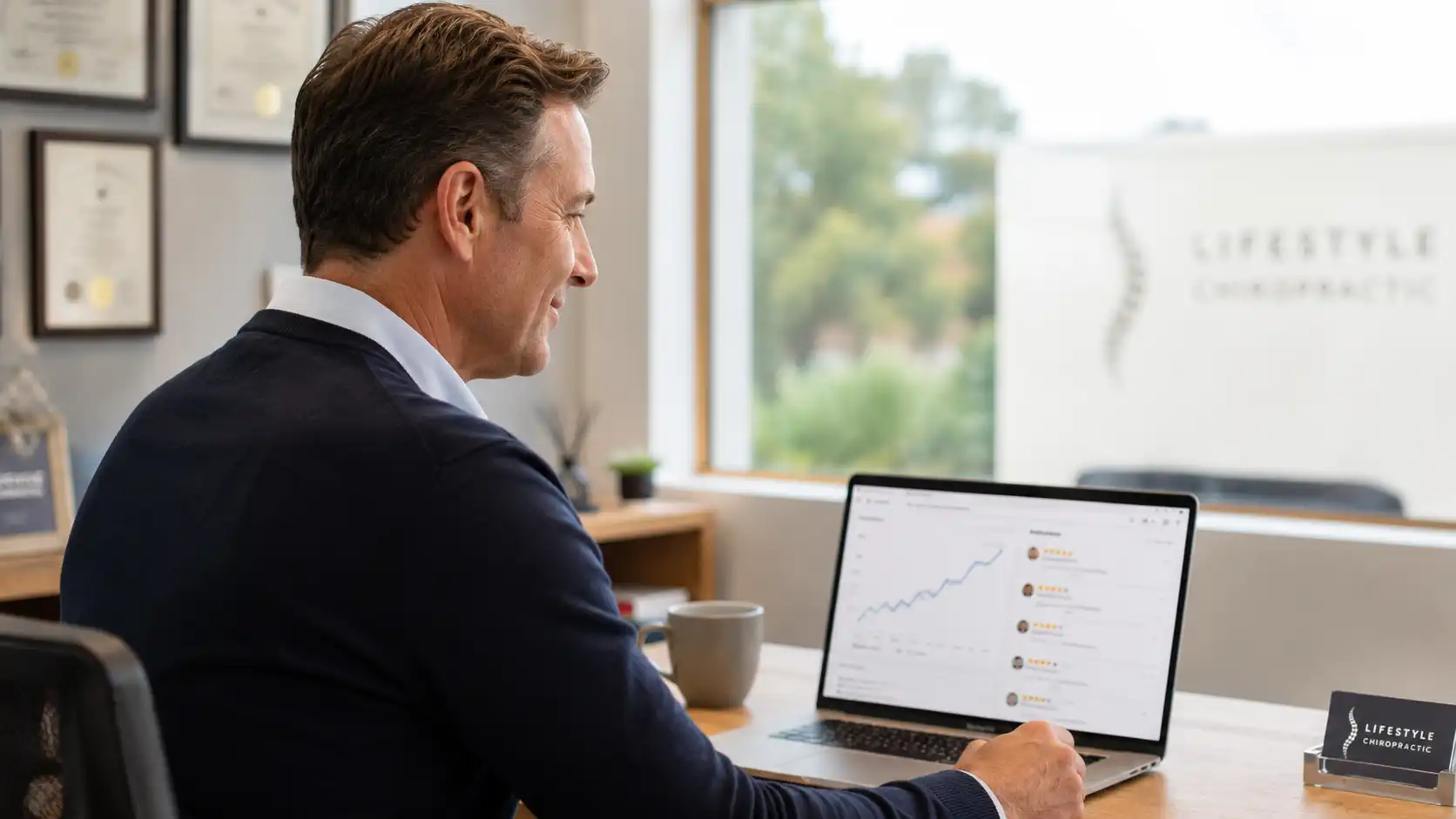 Chiropractic practice owner reviewing Google review growth on laptop — automated reputation management UK