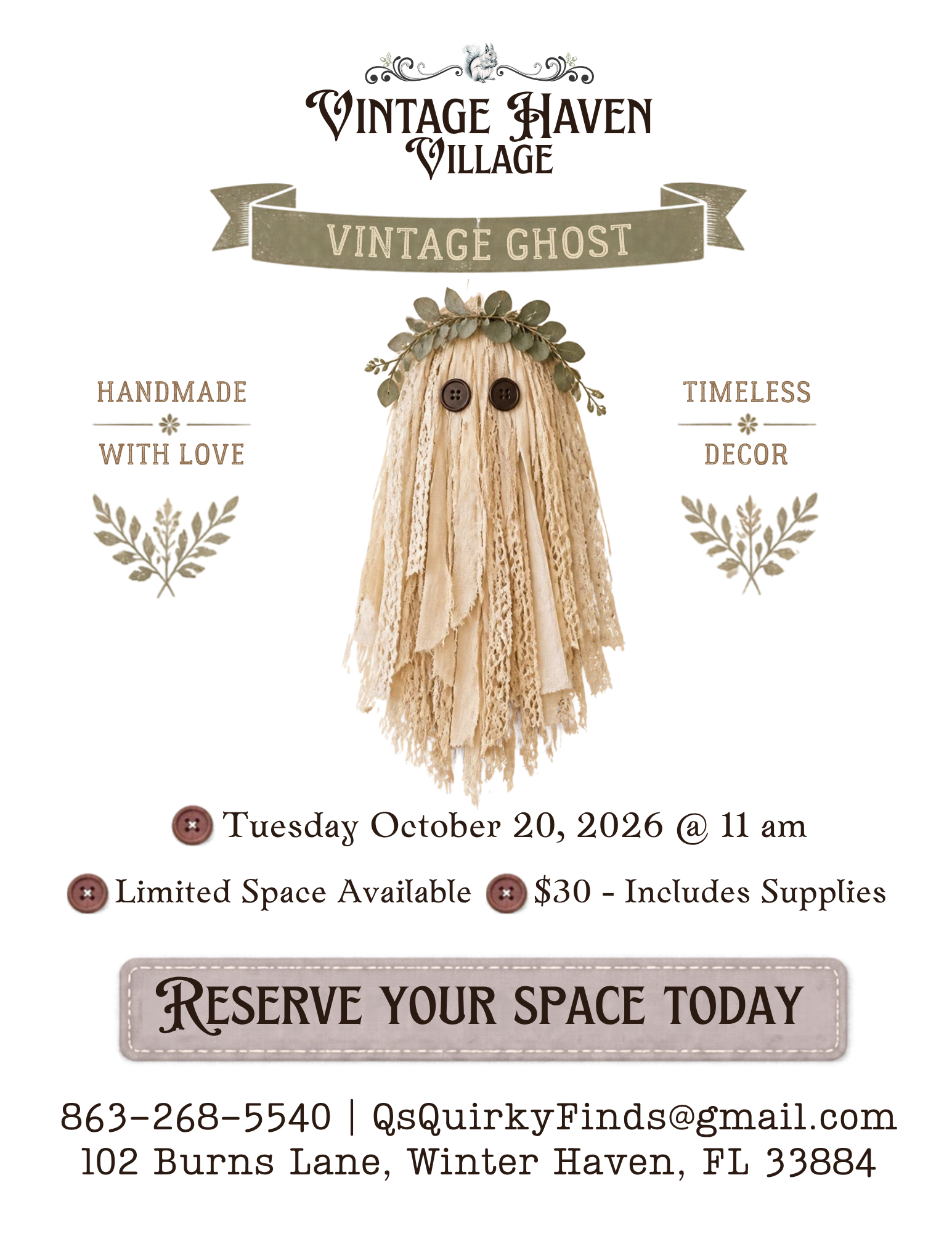 Vintage Ghosts workshop flyer: Tuesday October 20, 2026 at 11 a.m., $20 includes supplies