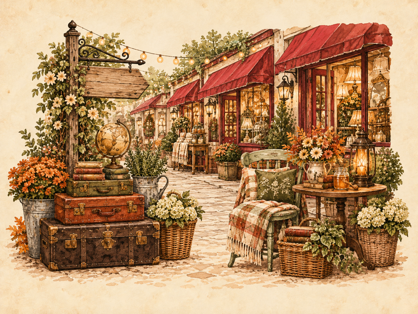 Decorative watercolor illustration of vintage shops and antique finds.